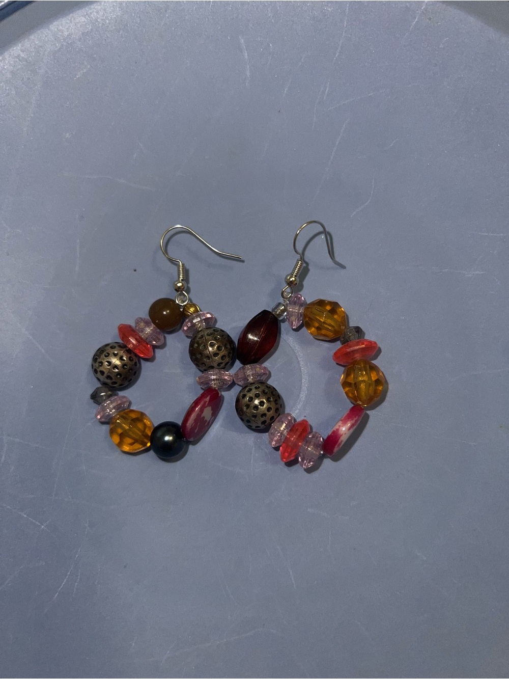Handmade Multicolor Beaded Hoop Earrings - Pink, Amber & Red